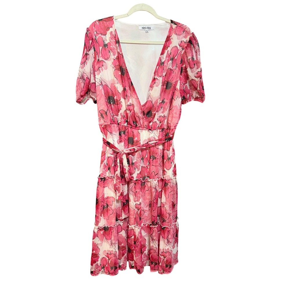 Mimi Chica Pink Floral Poppy Tiered‎ Midi Dress Metallic Accents Sz XL